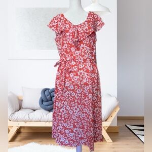 Perceptions Women’s Coral/White Floral Tiered Ruffle Midi Dress Size XL NEW